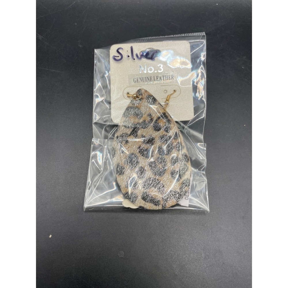 Genuine Leather Leopard Print Teardrop Earrings Metallic Animal SE6979SV